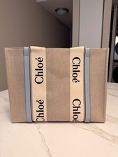 Chloé Woody Medium Tote Bag White Brown Linen Leather — listing 5