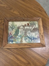 needlepoint framed art Vintage Framed Needlepoint Town Square Scene 17" x 14.5" — listing 6