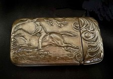 Antique Brass & Wood Wall-Mounted Fireplace Match Holder with Striker on Chain — listing 6