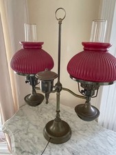 Antique Double Student Oil Lamp with Milk Glass Shade, Brass Font — listing 5