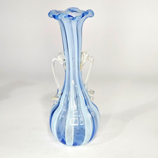 Murano Style Latticino Striped Art Glass Vase Green Blue White — listing 2