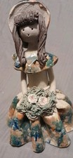 Handmade Studio Pottery Figurine of a Girl in Blue Dress Holding Flowers — listing 6