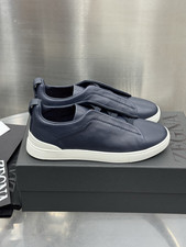 Black Leather Slip-On Sneaker with Gray Pebbled Wingtip Toe — listing 3