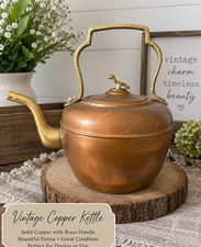 Vintage Copper and Brass Miniature Kettle with Swing Handle and Chained Lid — listing 6