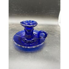 Antique Blue Glass Chamberstick Candle Holder with Gilt Grapevine Decoration — listing 5