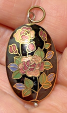 Vintage Cloisonné Enamel Oval Rose Pendant on Gold-Tone Chain — listing 4