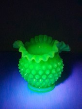 Green Opalescent Hobnail Footed Compote / Candy Dish with Ruffled Rim — listing 5