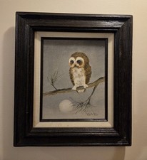 Vintage Original Oil Painting of Horned Owl with Daisies, Signed Hogan, Wood Frame — listing 6