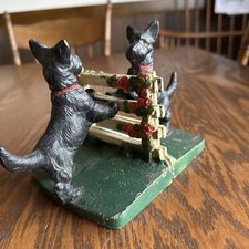 Vintage Cast Iron Terrier Dog Bookend with Painted Fence Backdrop — listing 2