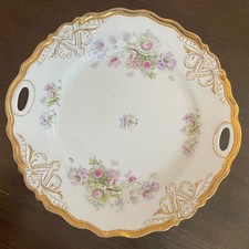 Antique German Porcelain Handled Cake Plate with Water Lilies