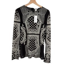 OO La La Pearl & Rhinestone Embellished Black Mesh Long Sleeve Top, Size L