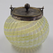 Antique Victorian Textured Glass Biscuit Barrel with Applied Green Glass Flowers and Silver-Plate Lid & Bail Handle