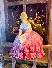 Royal Doulton Bone China Seated Lady Figurine in Pink Floral Gown with Fan