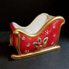 Fitz and Floyd Festive Bells Ceramic Christmas Sleigh Planter with Floral Arrangement — listing 2