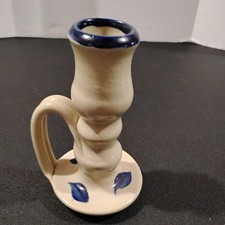 Williamsburg Pottery 3-Piece Salt-Glaze Stoneware Candle Set with Cobalt Leaf Motif — listing 3