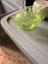 Green Uranium Depression Glass Double-Handled Open Sugar Bowl, Paneled Design, 3.5 x 3.5 in — listing 5