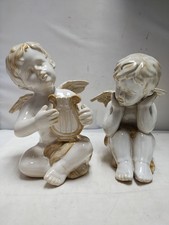 Vintage Cherub Angel Playing Lyre Figurine, Matte White Bisque/Chalkware — listing 3