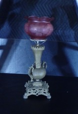 Victorian Brass Banquet Oil Lamp with Pink Opaline Glass Font and Ruffled Cranberry Satin Shade — listing 5