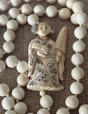 Vintage Japanese Carved Geisha Face Mask Brooch/Ojime with Hand-Painted Floral Headdress — listing 2