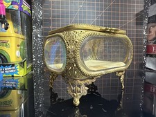 Vintage Ormolu Filigree Oval Jewelry Casket Box with Beveled Glass Lid
