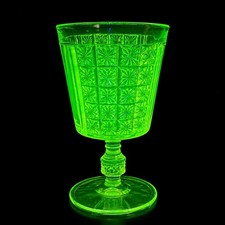 Uranium Green Glass Water Goblet with Thumbprint/Coin Dot Pattern, 5 inch — listing 2