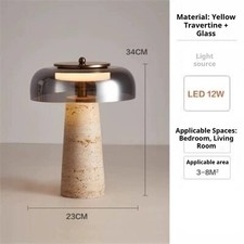 Travertine & Brass Mushroom Table Lamp with White Dome Glass Shade — listing 2