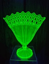 Vintage Bohemian Cut-to-Clear Uranium Vaseline Glass Footed Vase with Tulip Wheel-Cut Design — listing 6