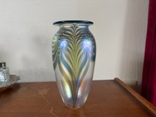 Hand-Blown Art Glass Vase with Blue & White Pulled Feather / Peacock Design and Iridescent Gold Interior — listing 2