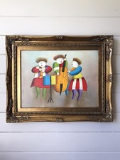 Whimsical Figural Painting of Two Musicians on Canvas, Signed — listing 3