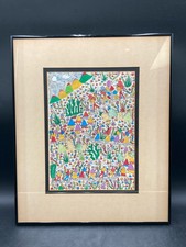 Vintage Mexican Amate Bark Paper Folk Art Painting - Bird, Deer & Florals in Carved Silvered Frame — listing 4