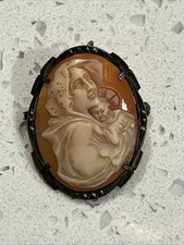 Antique Carved Shell Cameo Brooch, Our Lady of Mount Carmel (Madonna and Child), Gilt Frame, listing 6