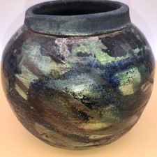 Raku Pottery Iridescent Lustre Vase with Stylized Iris/Lotus Floral Design