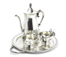 Set of Ornate Silver-Plated Tea/Coffee Glass Holders with Glass Inserts and Black Cabochon Accents — listing 5