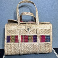1930s Large Round Woven Straw Handbag with Floral Raffia Rosettes, Wooden Ring Handles, Natural & Rose, 16x17x6 in — listing 5