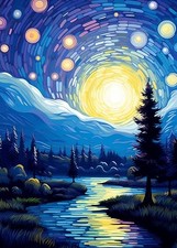 Completed Diamond Painting of Van Gogh's Starry Night, Framed Under Glass