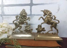 Vintage Brass Lion and Unicorn Heraldic Bookends Pair - Royal Coat of Arms Supporters — listing 2