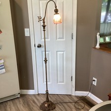 Antique Art Deco Bridge Arm Floor Lamp with Victorian Silk Beaded Fringe Shade