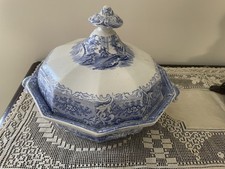 Antique Blue & White Transferware Covered Vegetable Tureen, 'Triangle' Pattern