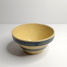 Vintage Yellowware Mixing Bowl with Blue Bands and Ribbed Exterior — listing 6