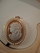14K Gold Shell Cameo Pin/Pendant, Carved Left-Facing Woman, Ornate Scrolled Frame, listing 2