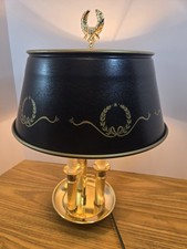 Vintage Bouillotte-Style Double Candlestick Table Lamp with Brass Base and Drum Shade — listing 2