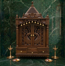 Hand-Carved Wooden Temple / Mandir Wall Shelf with Pyrography Decoration