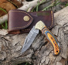 Handmade Damascus Steel Lockback Folding Pocket Knife with Bone Handle and Leather Sheath — listing 3