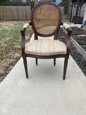 Ethan Allen Georgian-Style Gainsborough Library Armchair with Mahogany Carved Frame and Gold Striped Silk Upholstery — listing 6