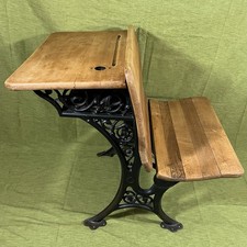 Vintage "Silent Giant" Cast Iron & Wood Folding School Desk with Painted Floral Stenciling — listing 6