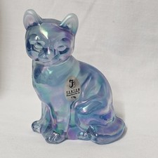 Fenton Blue Carnival Glass Sitting Cat Figurine with Hand-Painted Daisies — listing 6