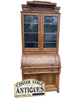 Antique Edwardian Inlaid Mahogany Cylinder Roll-Top Writing Desk with Glazed Bookcase Top — listing 3