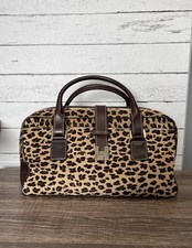 Leopard Print Leather Boston Satchel Handbag with Brown Trim — listing 3