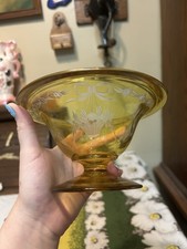 Ceramic Footed Compote Bowl with Blue Scalloped Rim and Hand-Painted Floral Motif — listing 3
