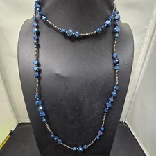 Long Beaded Station Necklace with Antiqued Gold-Tone Beads and Black Marbled Nuggets — listing 4